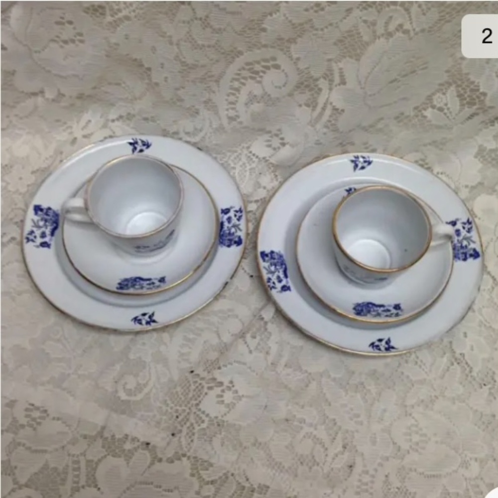 Vintage, 6pc Blue Enamel Trio Tea Set- Cup, Saucer and Breadplate